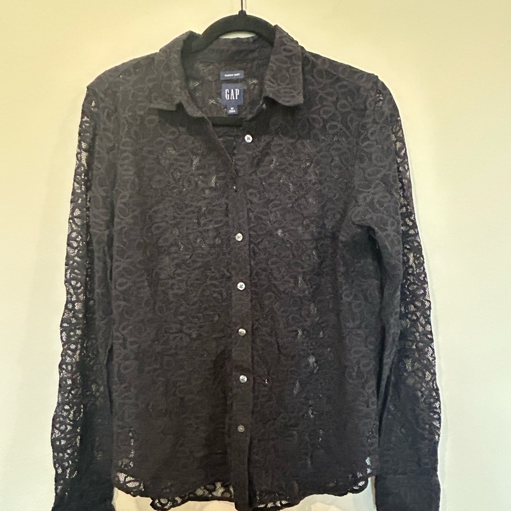 GAP Black Lace Long-Sleeve Button-Down Shirt